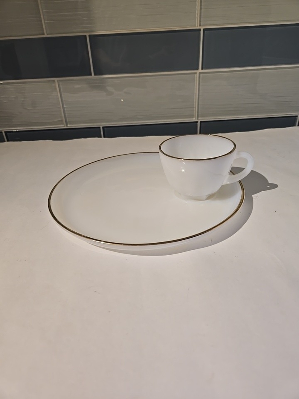 Fire King Sandwich Set..Cup and Plate with Gold Rim - Home Dining